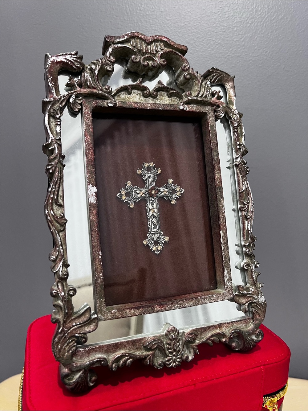 Ornate Shadow Boxed Jewelled Cross in a Mirrored Easel Picture Frame